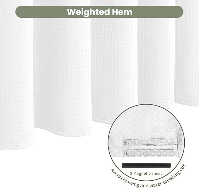 Inhousolu Fabric Shower Curtain Waffle Weave, 230 GSM Heavy Duty, Weighted Hem, 14 Metal Hooks, Water Repellent, Machine Washable, Hotel Spa Luxury Bath Curtain Set, 72 x 84 Inch, White