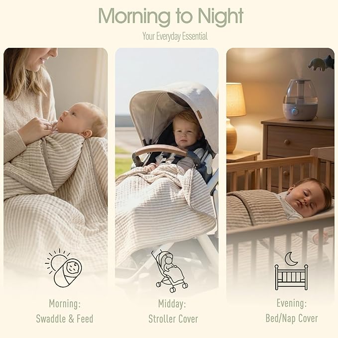 HardNok Ultra Soft Muslin Baby Blanket - Made with Organic Cotton, Gender Neutral Warm Coffee Striped Jacquard, Swaddle & Crib Quilt, 43x43 Inches (Horizon Dune)