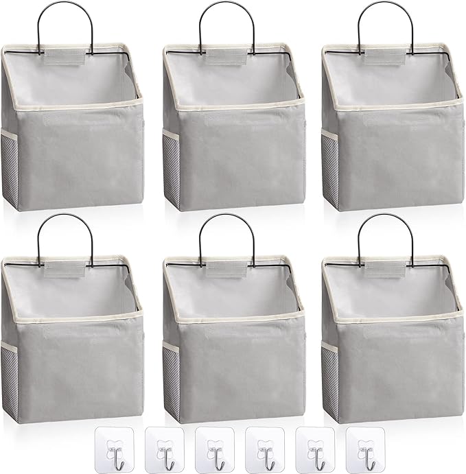 Chumia 6 Pack Wall Hanging Storage Basket Bathroom Closet Hanging Storage Bag over the Door Organizer Basket Bedroom Wall Organizer Waterproof Linen Cotton Box Containers and 10 Hooks(Grey)