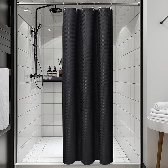 Vipfree 3 in 1 Shower Curtain Set, Waffle Shower Curtain and Liner Set with 6 Double Sided Shower Curtain Hooks, 258GSM Luxury Weighted Cloth Shower Curtains for Bathroom, 36 W x 72 H, Black