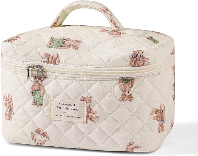 uekeboag Large Travel Quilted Makeup Bag for Women, Floral Cotton Cosmetic Bag, Coquette Aesthetic Floral Toiletry Organizer Bag