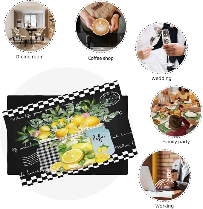 Lemon Fruit Placemats, Watercolour Lattice Black Minimalist Fruit Lemon Flower Plant Print Washable Fabric Placemats Table Kitchen Dining Party 12x18 Inch Set of 4