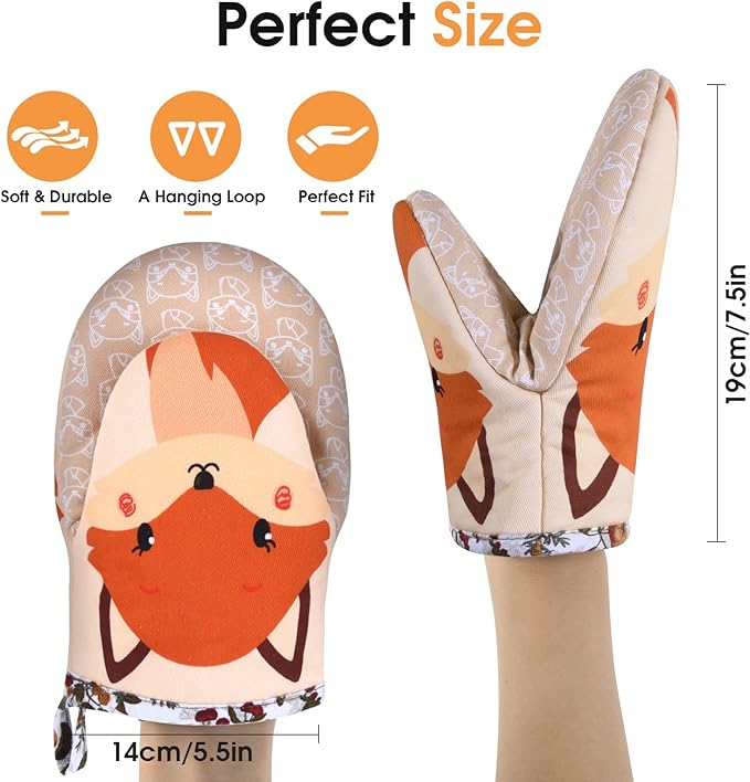 Mini Oven Mitts Cute,Silicone Oven Mitts Heat Resistant 500℉ with Non-Slip Grip and Soft Quilted Cotton Lining for Kitchen Cooking and Baking. Machine Washable-Fox