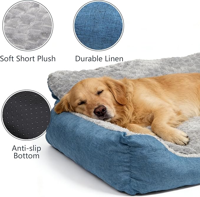 Dog Beds for Medium Dogs with Soft Plush Cushion, Blue and Gray Machine Washable Pet Bed,Non-Slip Year-Round Faux Fur Linen Pet Sofa(Up to 33 lbs)