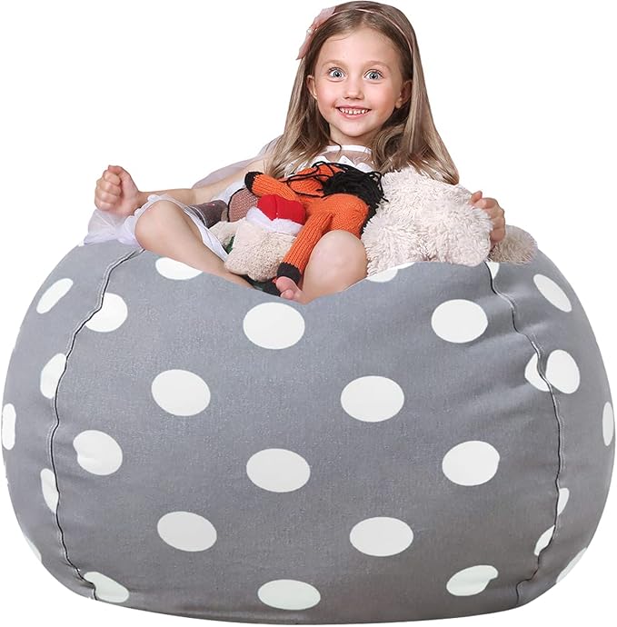 WEKAPO Stuffed Animal Storage Bean Bag Chair Cover for Kids | Stuffable Zipper Beanbag for Organizing Children Plush Toys Large Premium Cotton Canvas (Gray Dot, XX-Large)
