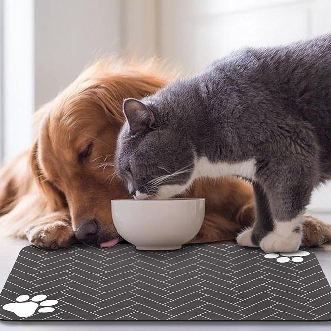 Dog Food Mats,Cat Absorbent Water Bowl Feeding Mats Pet Placemats for Food and Water Gray Wood 17 * 30 inch