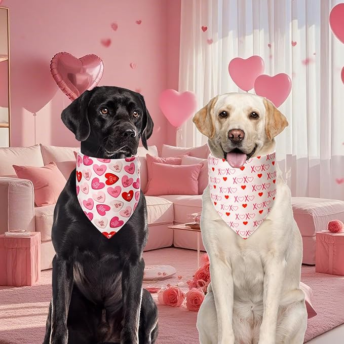 Agroon Dog Valentines Bandana Large 3PCS, 6 Pattern Sweetheart Scarf for Boy and Girl, Red Pink Black Triangle Reversible Love Bibs Breed for Puppy Pets