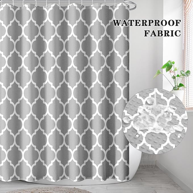 Culudea Gray Plaid Quatrefoil Moroccan Waffle Textured Cloth Shower Curtain Set, Grey Checkered Four Leaf Clover Grid Bathroom Window Waterproof Shower Curtains for Bathroom Decor