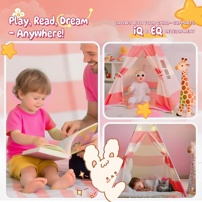 xiaowantong Teepee Tent for Kids with Padded Mat, Lights, and Carry Bag, Washable Playhouse for Indoor Use, Ideal Play Tent for Girls and Boys, Stripe Pink