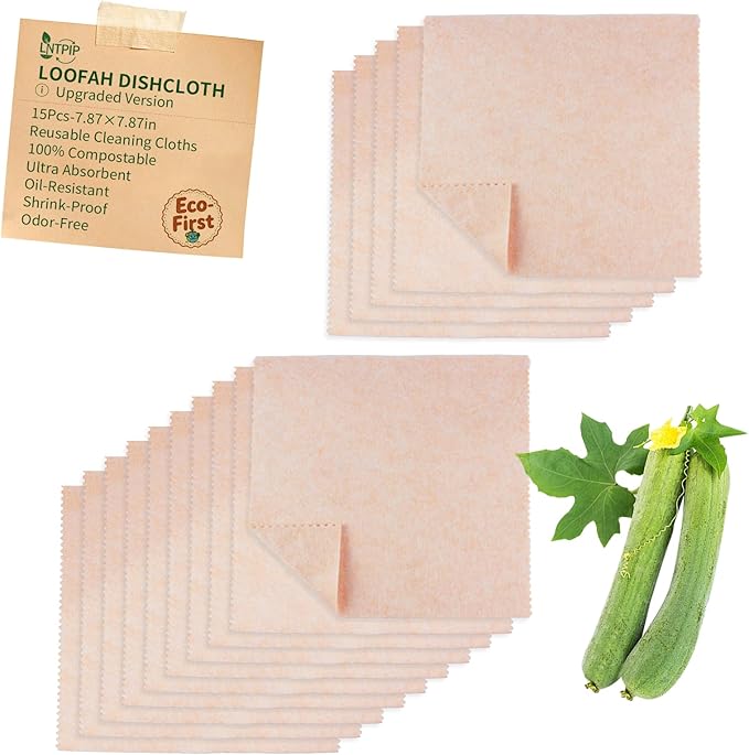 LNTPIP 15 Pack Reusable Kitchen Rags for Counter, Made of Degradable and Compostable Loofah Fiber, 7.87"*7.87" Soft and Odor-Free, no Deformation, no Shrinkage After Drying
