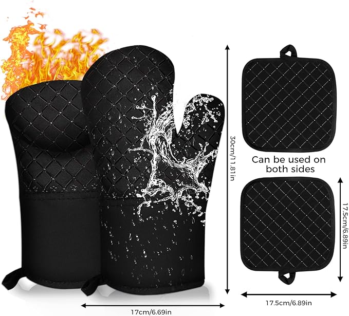 4PCS Oven Mitts and Pot Holders Sets 500°F Pot Holders for Kitchen Heat Resistant Oven Gloves Anti-Slip Silicone Stripe Oven Mitts Heat Resistant Hot Pads Oven Mits Potholders for Kitchens (Black)