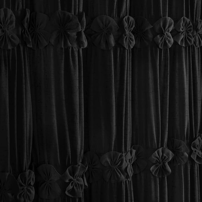 XOGUIBO Ruffle Shower Curtain with Handmade Bow Tie, Black Linen Vintage Farmhouse Shower Curtain for Bathroom, 72" W x 72" H