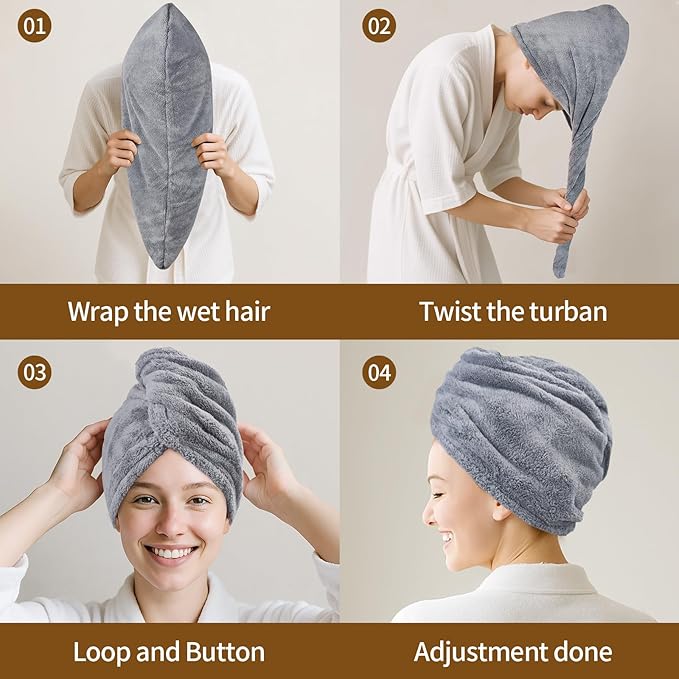 HFZRZFH 3 Pack Plush Yarn Hair Towel Wrap for Women, Super Absorbent & Quick Drying Turban, Anti Frizz Head Towel for Long, Thick, Curly Hair with Secure Button