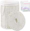 SETVSON Laundry Basket with Lid Round Rattan Laundry Hamper with Lid and Handles 29.1 Gal (110 L) Handwoven Woven Basket with Removable Bags and 2 Mesh Bags for Bathroom Living Room White