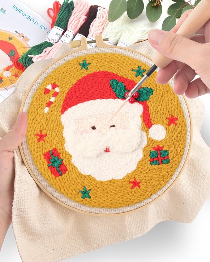 ERKOON Christmas Punch Needle Kit Adults Beginners, DIY Easy Christmas Embroidery Set for Starter Art Craft, Needling Punch Project with Patterns, Tools, Yarns, Hoop, Instruction (Santa Claus)