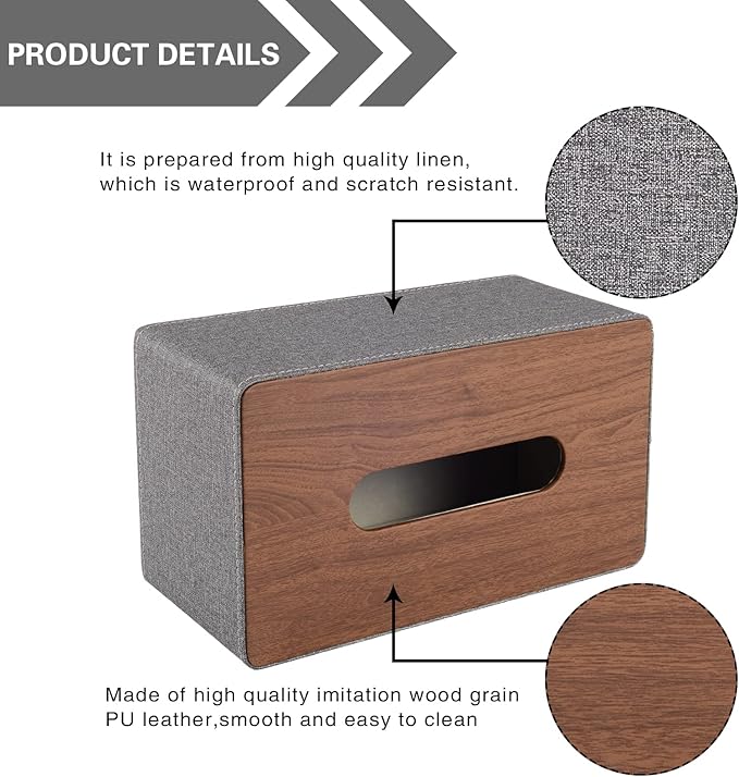 XNONE Tissue Box Cover Rectangle Tissue Box Holder PU Leather Facial Organizer with Magnetic Bottom,Decorative Napkin Caddy for Vanity Dresser Night Stand Table Countertop Home Office Car,Grey