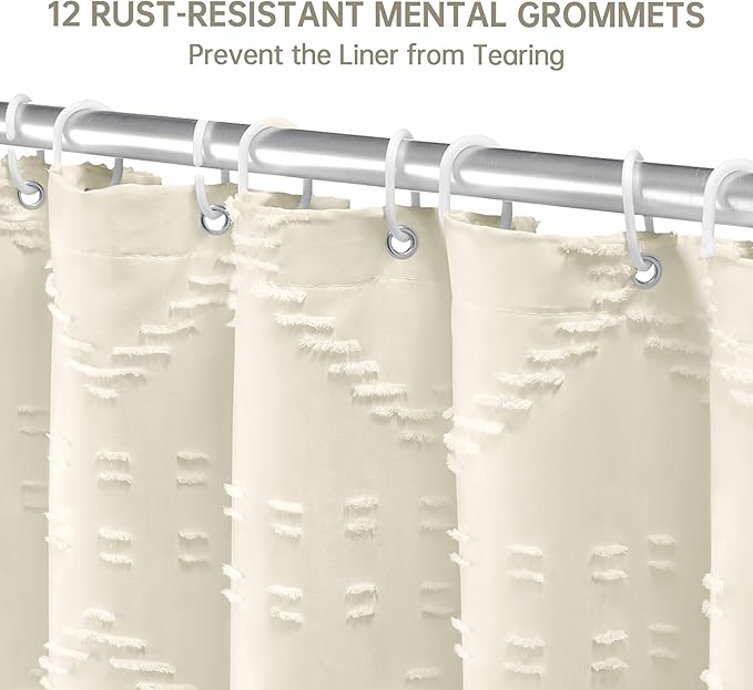 Siiluminisoy Extra Long Cream Boho Shower Curtain, 72 x 78 Tufted Chevron Textured Striped Modern Farmhouse Minimalist Woven Fabric for Bathroom