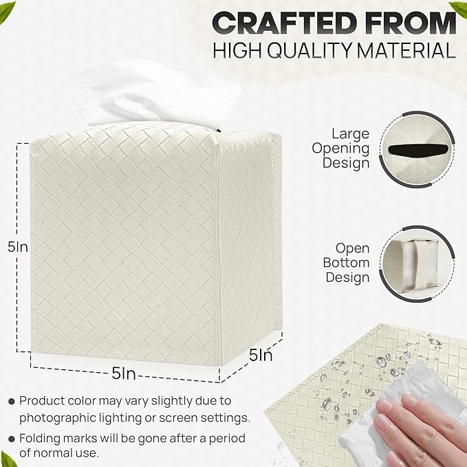Tissue Box Cover Holder, PU Leather Tissue Box Cover with Braided Pattern, Square Tissue Holder with Bottom Belt, Modern Organizer for Bathroom, Car, Office, Tabletop (White., 12 Braided Patterns)