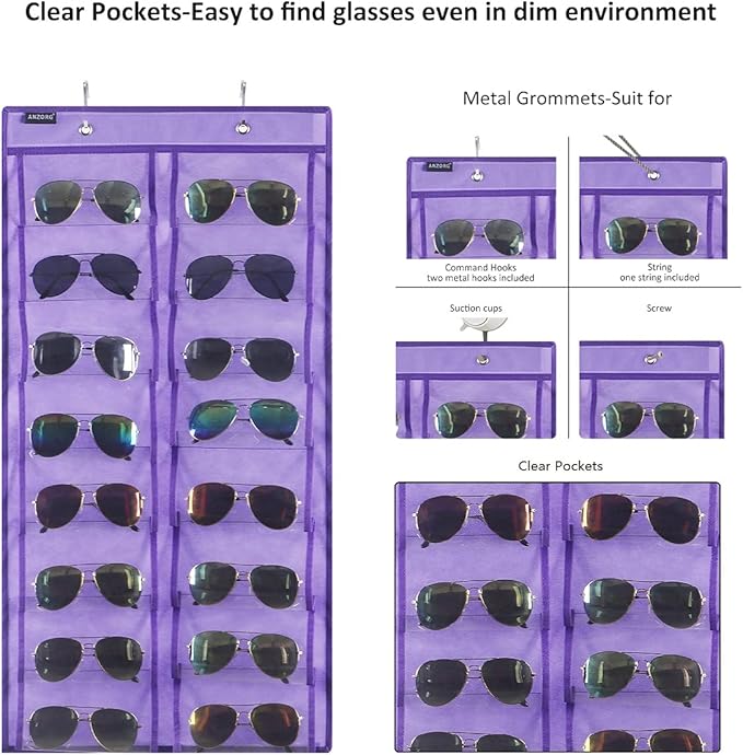 ANZORG Over the Door Hanging Sunglasses Organizer Storage Sunglass Rack Holder Eyewear Display Case with 16 Clear Dust Proof Pockets (16 Pockets-Purple)