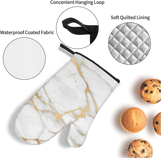 Oven Mitts and Pot Holders White Gold Marble Art Abstract Sets of 4 Kitchen Potholder Gloves Heat Resistant Non-Slip for Chef Baking Cooking Grilling BBQ