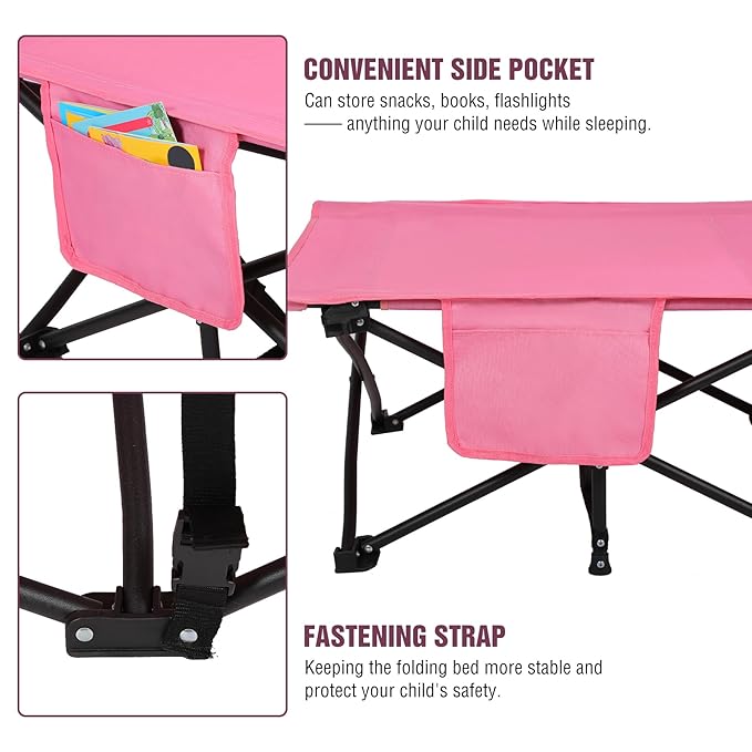 REDCAMP Kids Foldable Camping Cot with Mattress Pad, 220 LBS Child Durable Sleeping Bed with Pocket and Carry Bag Portable for Home, Travelling, Pink
