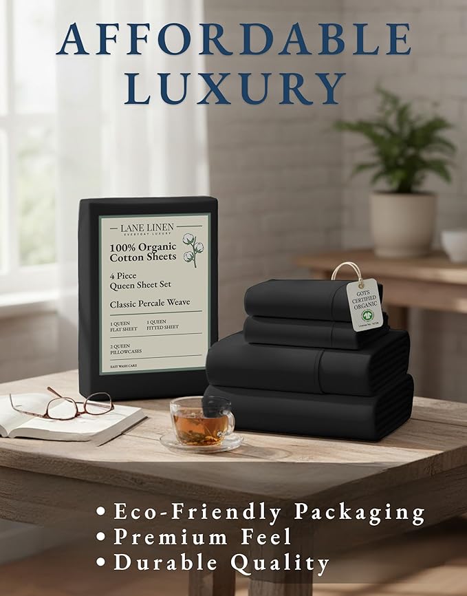 LANE LINEN 100% Organic Cotton Queen Size Sheets Set, Machine Wash Fully Elasticized Naturally Cooling Percale Weave Queen Size Deep Pocket Sheet Sets, Low Pill Eco Friendly Bed Sheets- Black