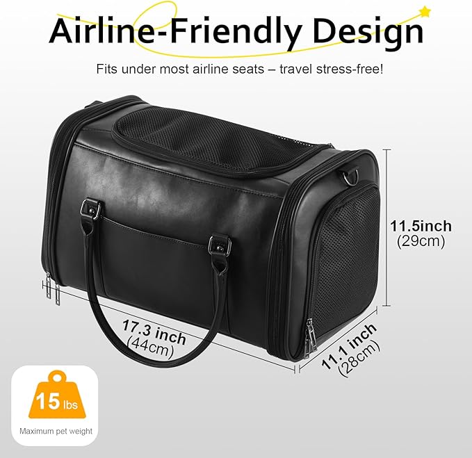 Johomviin Stylish Leather Pet Carrier for Small Dogs and Cats Up to 15 lbs, Airline Approved Lightweight Travel Tote with Breathable Mesh and Shoulder Strap Black