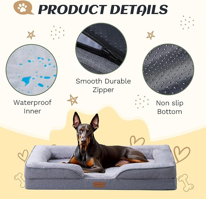 OUPEIWAWA Extra Large Dog Bed Orthopedic with Bolster Sides Removable Egg-Crate Foam Waterproof Liner Pet Bed Sofa Couch with Removable Washable Cover Non-Slip Bottom, Gray1