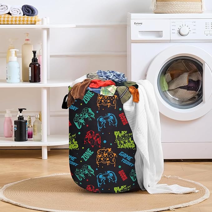 Colorful Game Machine Laundry Basket with Sturdy Handles, Collapsible Oxford Cloth Laundry Hamper Organizer Basket for Bathroom Bedroom 15.7x20 Inch