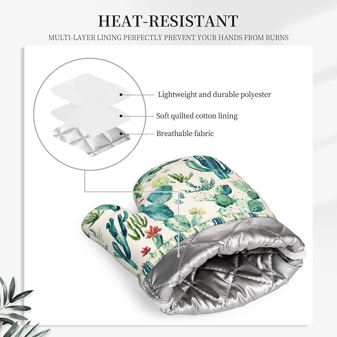 Oven Mitts 2 Pack, Silicone Kitchen Gloves, Heat Resistant with Non-Slip Grip and Soft Quilted Cotton Lining for Cooking Barbecue Backing (Cactus Flower)