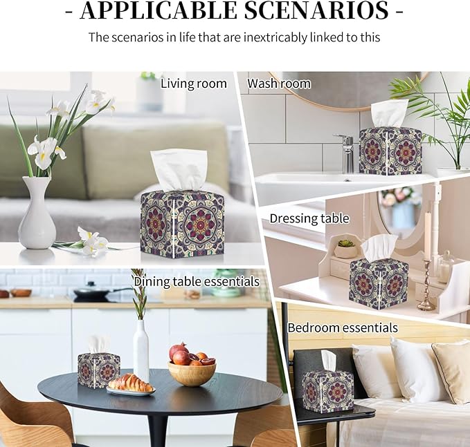 PVC Tissue Box Cover Holder,Mandala Square Decorative Organizer,5.2"X5.2"X5.2"Tissue Case for Bathroom,Tabletop,Car,Office