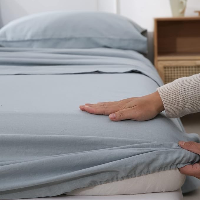 Simple&Opulence Belgian Linen Sheet Set Solid Color - 4 Pieces (1 Flat Sheet, 1 Fitted Sheet & 2 Pillowcases) Natural Flax Cotton Blend Soft Breathable Farmhouse Bedding - Queen Size, Dusty Blue