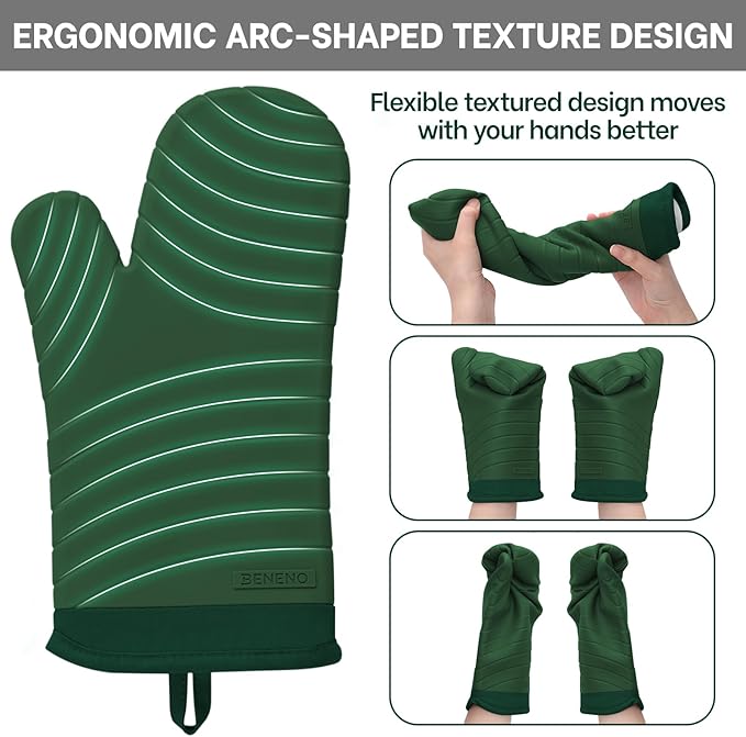 Beneno Heat Resistant Silicone Oven Mitts BPA-Free, Non-Slip Textured Grip & Quilted Cotton Lining, Waterproof Kitchen Mitt 2-Pack Set, 7"x13", Green