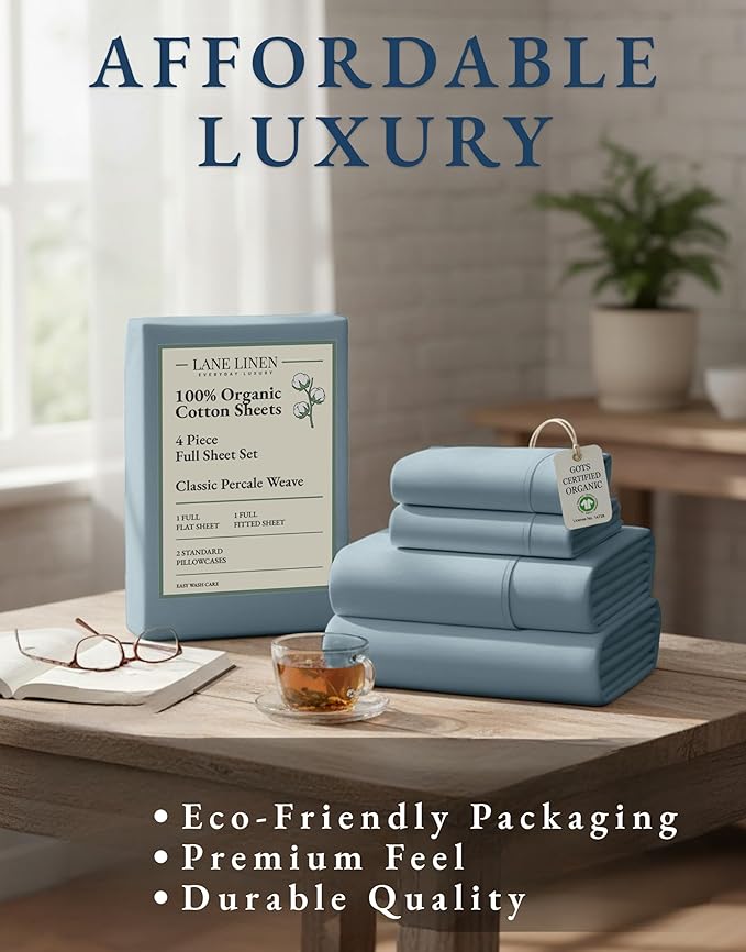LANE LINEN 100% Organic Cotton Full Sheets Set 4-Piece Pure Percale Soft Bedding Breathable Fits Mattress Upto 15" Deep - French Blue