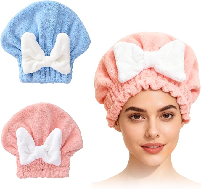 2PCS Super Absorbent Hair Towel Wrap for Wet Hair,Microfiber Hair Drying with Caps Bow Design,2026 New Fast Drying Hair Turban Wrap Towels Shower Cap for Girls and Women(Pink, Blue)