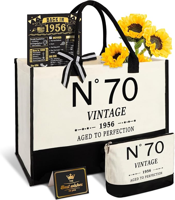 YeohJoy 70th Birthday Gifts for Women Canvas Tote Bag Travel Gear, Unique 70 Years Old Gifts for Wife Mom Sister Aunt Friends Her, Vintage N°70 Handbag & Cosmetic Bag & Back in 1956 Poster