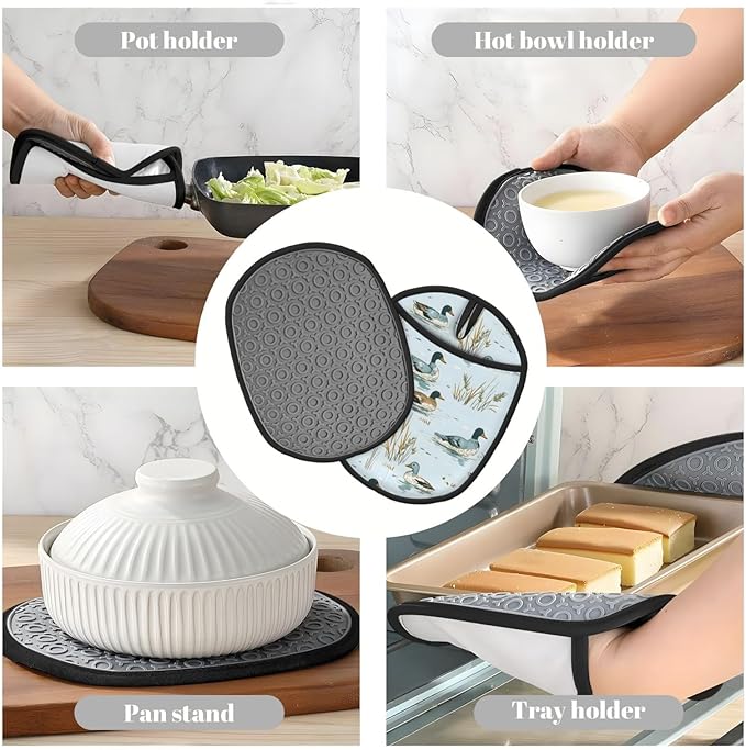 Pot Holders 2 Pack Silicone, Cotton Lining, Heat Resistant to 500°F (260°C), Non-Slip Grip, 7.5"x9.4" Oval Kitchen Hot Pads for Oven, Cooking (Ducks Swimming, Potholders)