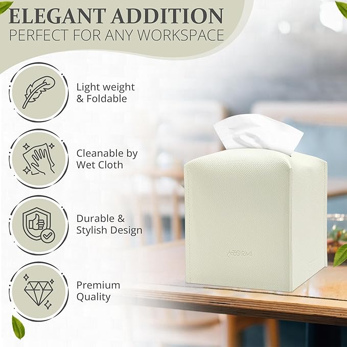 Azormi Tissue Box Cover, PU Leather Square Tissue Box Holder with Woven Pattern, Cube Tissue Box Covers with Bottom Belt, Perfect Decorative Organizer for Tabletop, car, Office, Bathroom (White)