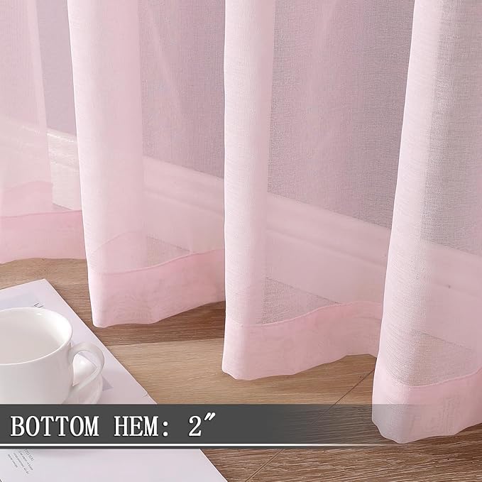 Tollpiz Sheer Curtains Living Room Linen Textured Curtain Sheers Light Filtering Voile Rod Pocket Curtains for Bedroom, 38 x 63 inches Long, Pink, Set of 2 Panels