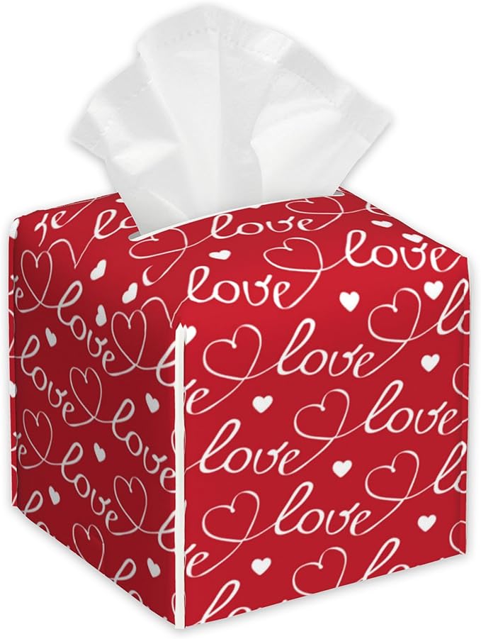 Romantic Hearts Tissue Box Cover Square,White and Letters Tissue Box Holder with Belt Bottom,Stylish Leather Napkin Holder for Vanity Countertop,Nightstands,Office Desk,5.2"×5.2"×5.2"