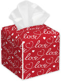 Romantic Hearts Tissue Box Cover Square,White and Letters Tissue Box Holder with Belt Bottom,Stylish Leather Napkin Holder for Vanity Countertop,Nightstands,Office Desk,5.2"×5.2"×5.2"