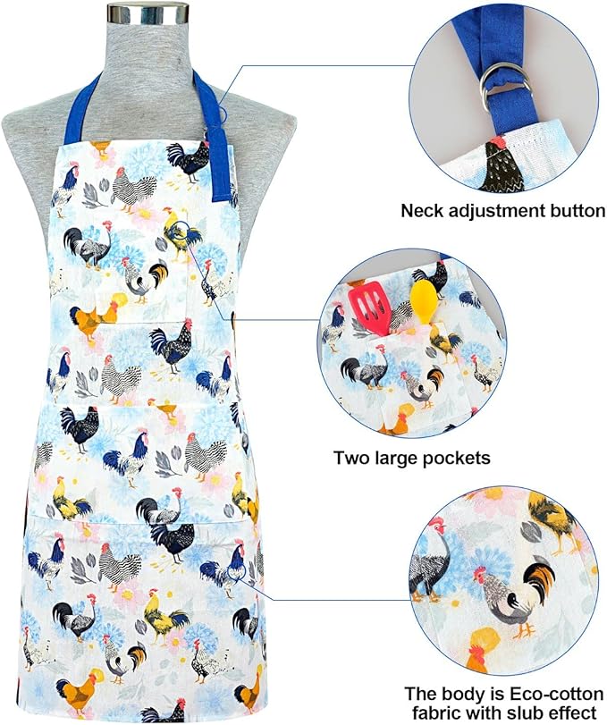 Oven Mitts and Pot Holders with Chef Apron,Set of 5 Heat Resistant Kitchen Gloves and Silicone Non-Slip Potholders Adjustable Neck Buckle Chef Apron, Cotton Nice Design for Cooking (Rooster)