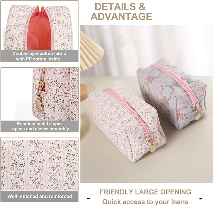 Gleyemor 2 Pieces Quilted Makeup Bag, Cute Floral Cosmetic Bag for Women, Cotton Make Up Bag Set, Flower Travel Toiletry Bag (Pink Floral+ Blue Bowknot)