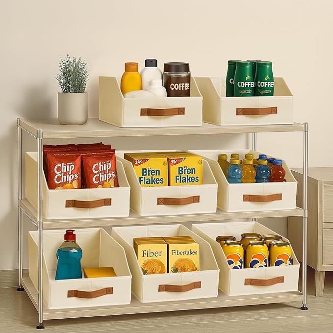 Homsorout Fabric Storage Bins for Organizing - 8 Pack Large Trapezoid Collapsible Storage Bins with Front Handle, Closet Organizers and Storage for Bedroom, Home Shelves, Small Spaces, Beige