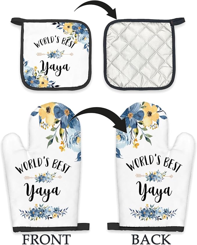 Yaya Gifts Oven Mitts and Pot Holders Sets, Gifts for Yaya from Grandkids Kitchen Decor Accessories Sets, World’s Best Yaya Heat Resistant Oven Glove Potholders for Kitchen Cooking Baking