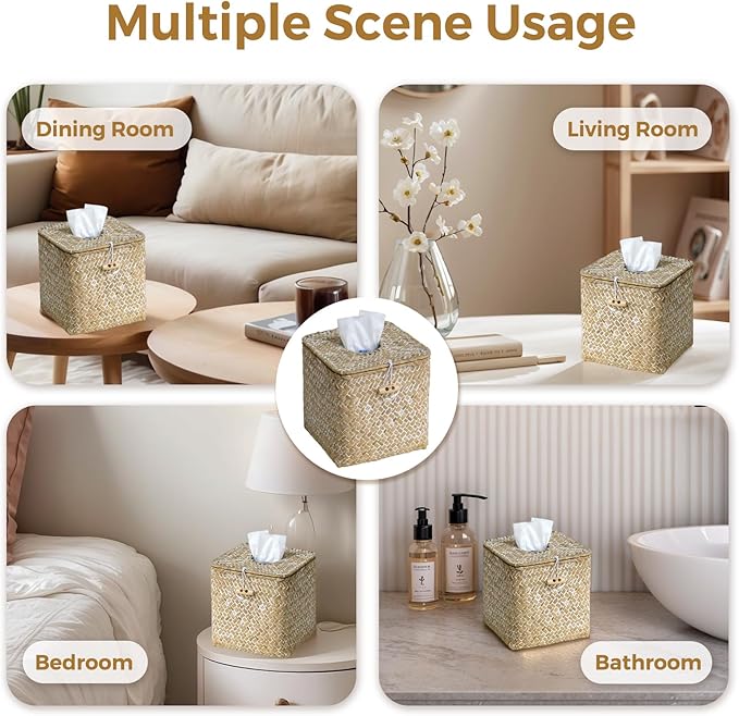 KALEKAIL Seagrass Tissue Box Cover with Lid, Wicker Tissue Box Holder Square, Boho Decorative Woven Tissue Cover Rustic Cube Tissue Holders for Bathroom Living Room Kitchen, Whitewash