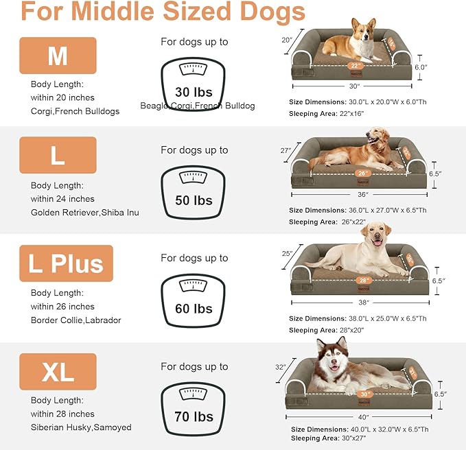 Medium Large Dog Bed Orthopedic Washable: Beds Bolster Medium Large Sized Dog Bed Egg Crate Foam Couch Sofa Waterproof with Removable Cover - Brown