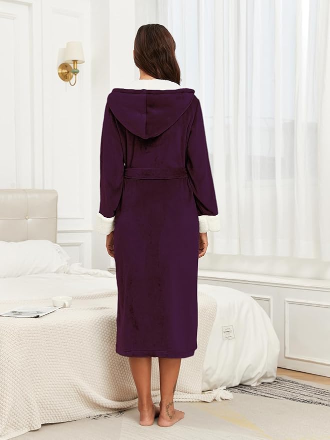 RONGTAI Womens Plush Fleece Hooded Bathrobe, Thick Nightgown Long Robe Sleepwear with Two Side Pockets and Belt