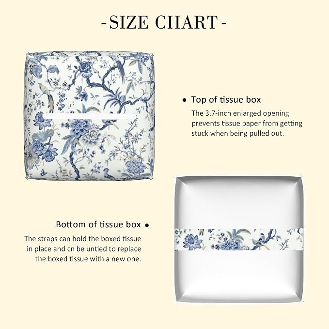 POIUBLE Blue Flower and Bird Tissue Box Cover Leather Tissue Box Holder Square Facial Paper Organizer Dispenser for Bathroom Kitchen Bedroom Vanity Countertop Night Stands