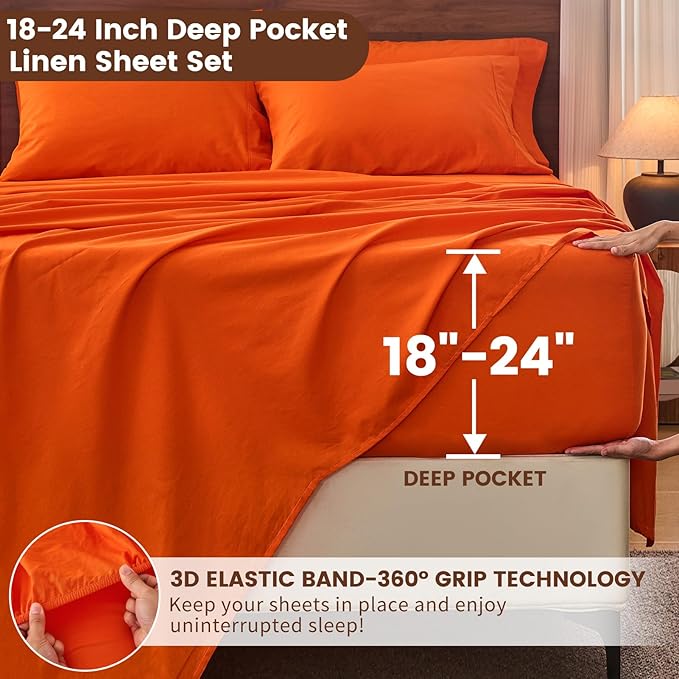 Bedlifes 100% French Flax Linen Sheets Set King Size - 6 Piece Extra Deep Pocket 18-24",Soft Breathable King Bed Sheets with Temperature Regulating & Moisture-Wicking(Orange